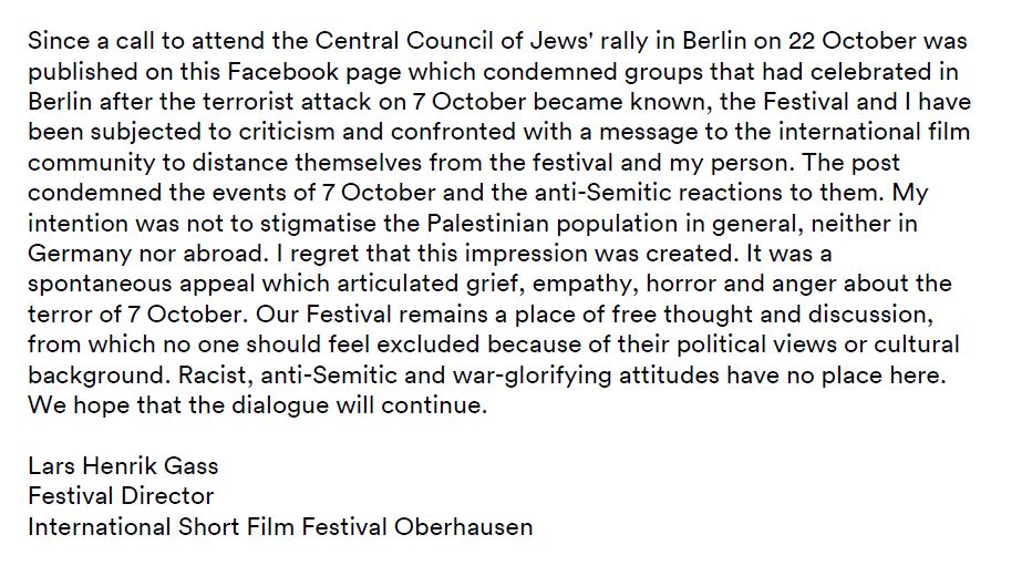 #kurzfilmtage #oberhausen have published a statement concerning the international #film community's reaction to our FB post from 20 October. You can also read it on our website: kurzfilmtage.de/en/press/detai…