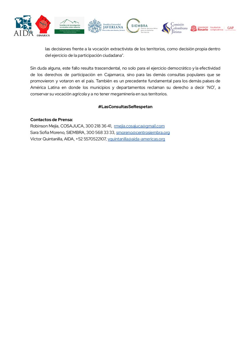 🔊 Desde el Semillero de Investigación en Estudios Sobre Minería, celebramos está importante noticia para la democracia ambiental y la autonomía territorial.
#LasConsultasSeRespetan 
<a href="/facultadderecho/">Facultad de Derecho y Ciencias Políticas UdeA</a> <a href="/Adrisanin/">Adriana Sanín</a> <a href="/DianaSanchezUdA/">Diana Carolina Sánchez-Zapata</a>