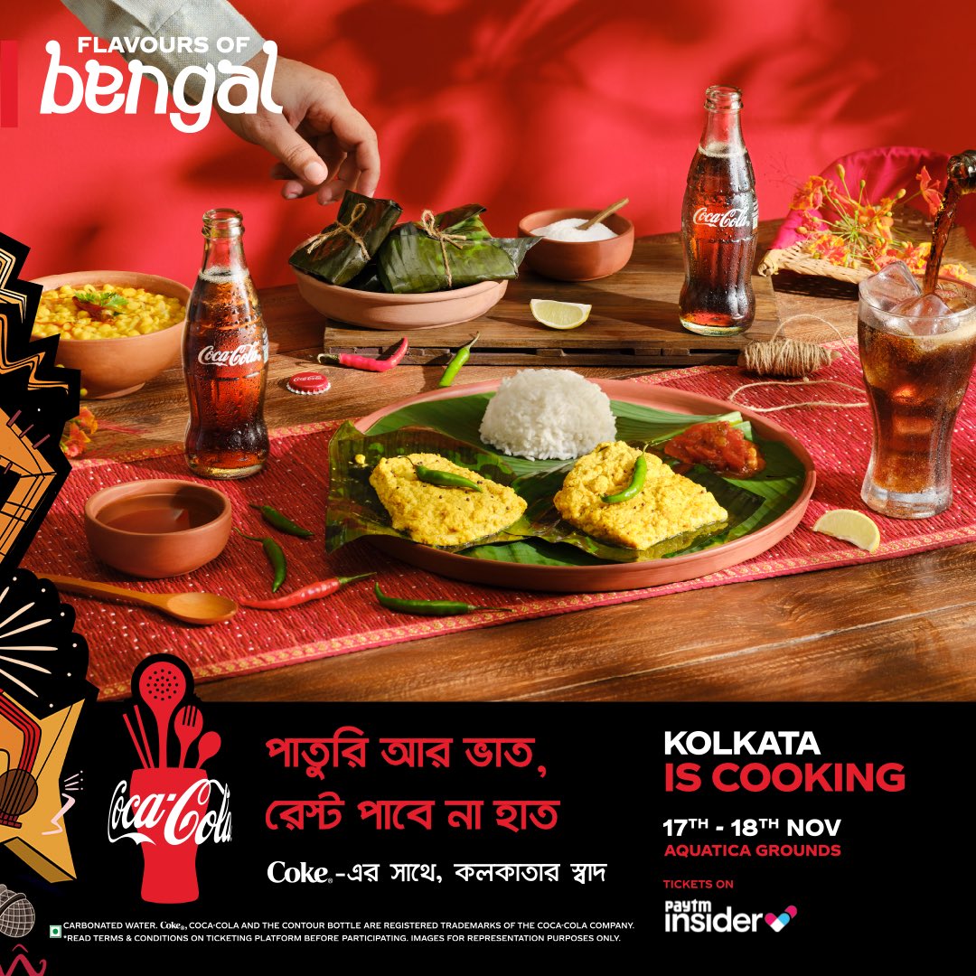 CocaCola_Ind's tweet photo. Celebrate Kolkata's food culture at Kolkata Is Cooking! Join us for a magical adventure! 🌯
 
Coker saathe, Kolkata ki khaabe?
 
📆 17th - 18th November
📍 Aquatica Grounds
🎟️ Link in bio
#KolkataIsCooking #CocaColaIndia #RealMagic https://t.co/xZqEazqjlH