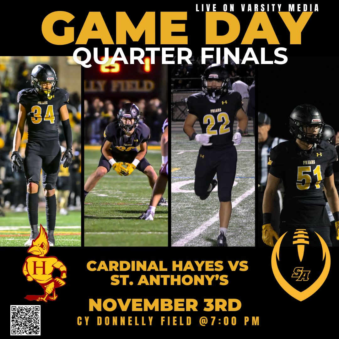 StAnthonysAth's tweet photo. PLAYOFF TIME!!
From 4 PM-9 PM on Cy Donnelly Field.
JV kicks off at 4 PM vs Chaminade
Livestream https://t.co/KgzsAjN4bQ
Varsity @7PM livestream @varsitymedia
$10. at the gate
#blackandgold #bringthenoise #letsgetone #SAFriarNation https://t.co/DWFDs3pTMx