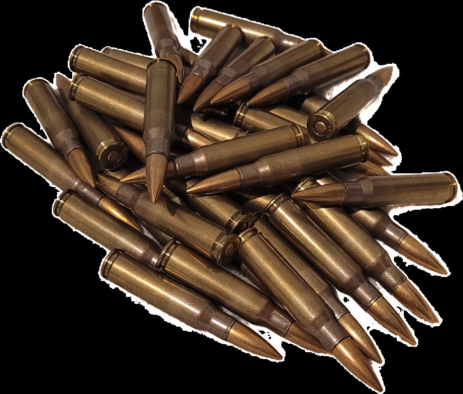 If you ever need a PNG of a pile of 7.62x51 cartridges, here you go.

These are actually mine that I took a picture of and cropped out. They are surplus British L2A2 rounds manufactured in December of 1979.