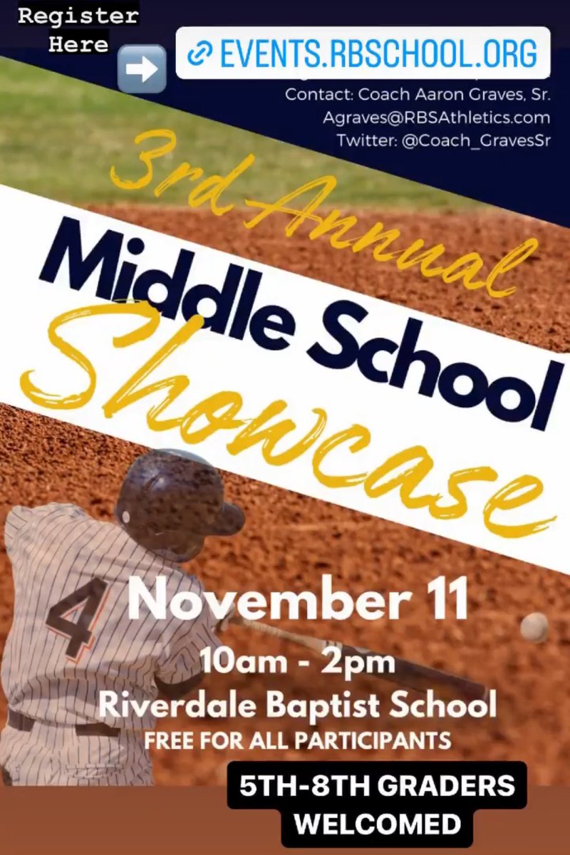 Our 3rd Annual FREE Middle School Showcase takes place next Saturday for all 5th-8th Grade Baseball players. Click the link to register events.rbschool.org/events/msbaseb…