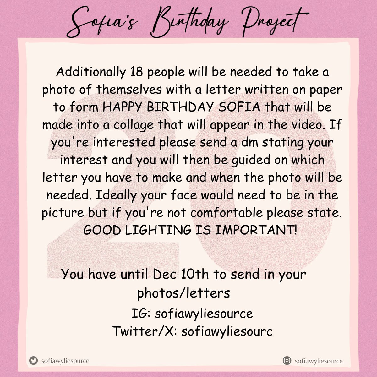 Sofia Wylie's 20th Birthday Project 🎂🎉

Below you can find all the instructions to be followed if you are interested in joining. Any questions can be dm'ed either here on twitter or ig...hope you're all able to participate and give Sofia all the love she deserves on her day 💕