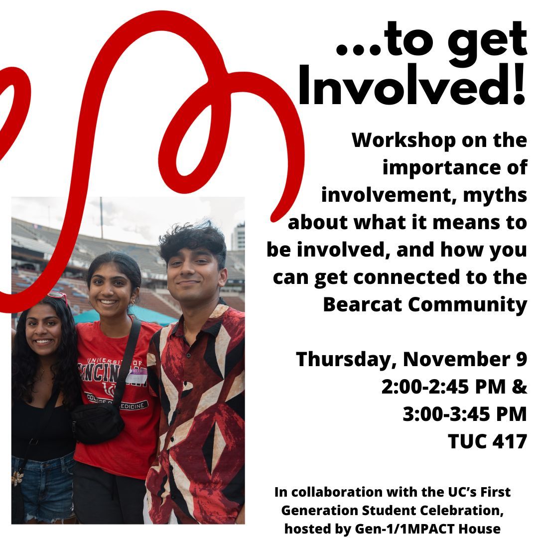 uc_involvement's tweet image. Join us for UC's First Generation College Student Celebration on Wednesday, November 8 and Thursday, November 9! 🤗 

CSI is hosting a workshop on Thursday, November 9 at 2:00 &amp;amp; 3:00 PM in TUC 417 to talk about "Why I'm First to Get Involved".

#firstgenuc #csi #uofcincy