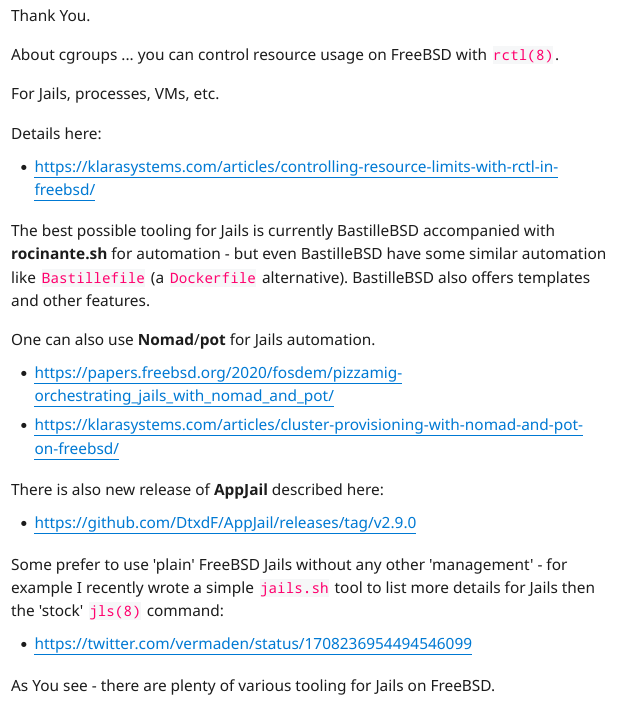 vermaden's tweet image. For all that say there is not enough tooling available for #FreeBSD #Jails ... here are some options for You :)

Details:

reddit.com/r/freebsd/comm…