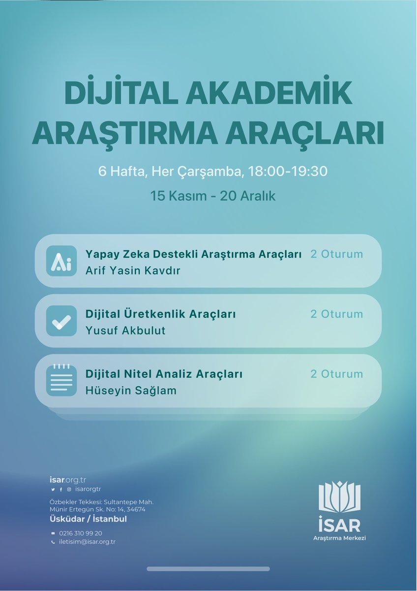 Dijital Akademik Araştırma Araçları dersi başlıyor. 🗓️ 15 Kasım - 20 Aralık 🕒 Her çarşamba, 18:00 - 19:30 📍 Çevrimiçi ❗️ Son başvuru tarihi: 12 Kasım 2023 🔗Ayrıntılı bilgi ve başvuru için: forms.gle/GM9DaryPbBn8tY…