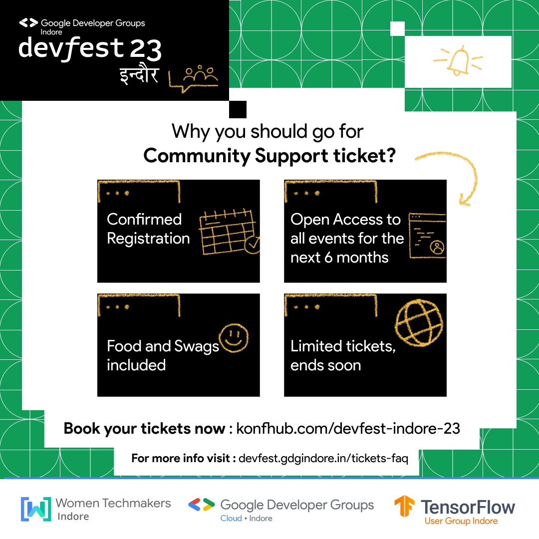 GDG_Indore's tweet photo. Wondering why to get community support tickets 🤔 ?
Check out a few reasons above 👆
For more info, visit:   https://t.co/cli3FkXEWC
or 
Register at: https://t.co/YXuVlldzuq

#devfestIndore2023 #GDGIndore https://t.co/dQ0fyROHBL