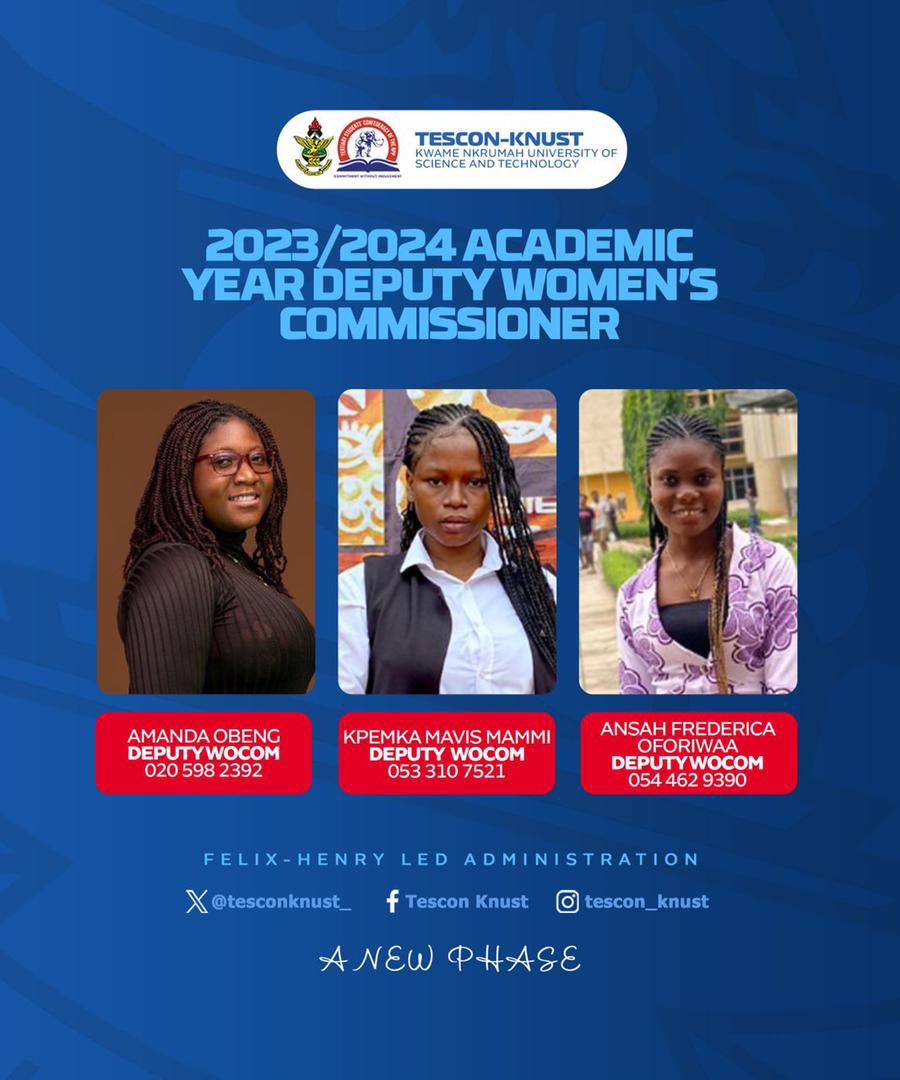 tescon_knust's tweet photo. DISPLAY OF APPOINTEES

 Know the appointed Deputy Women’s Commissioners for the 2023/2024 Felix-Henry Led administration to help break the 8

#TESCONKNUST
#BreakingThe8
#BuildingGhanaTogether https://t.co/z8BEx5GyzU
