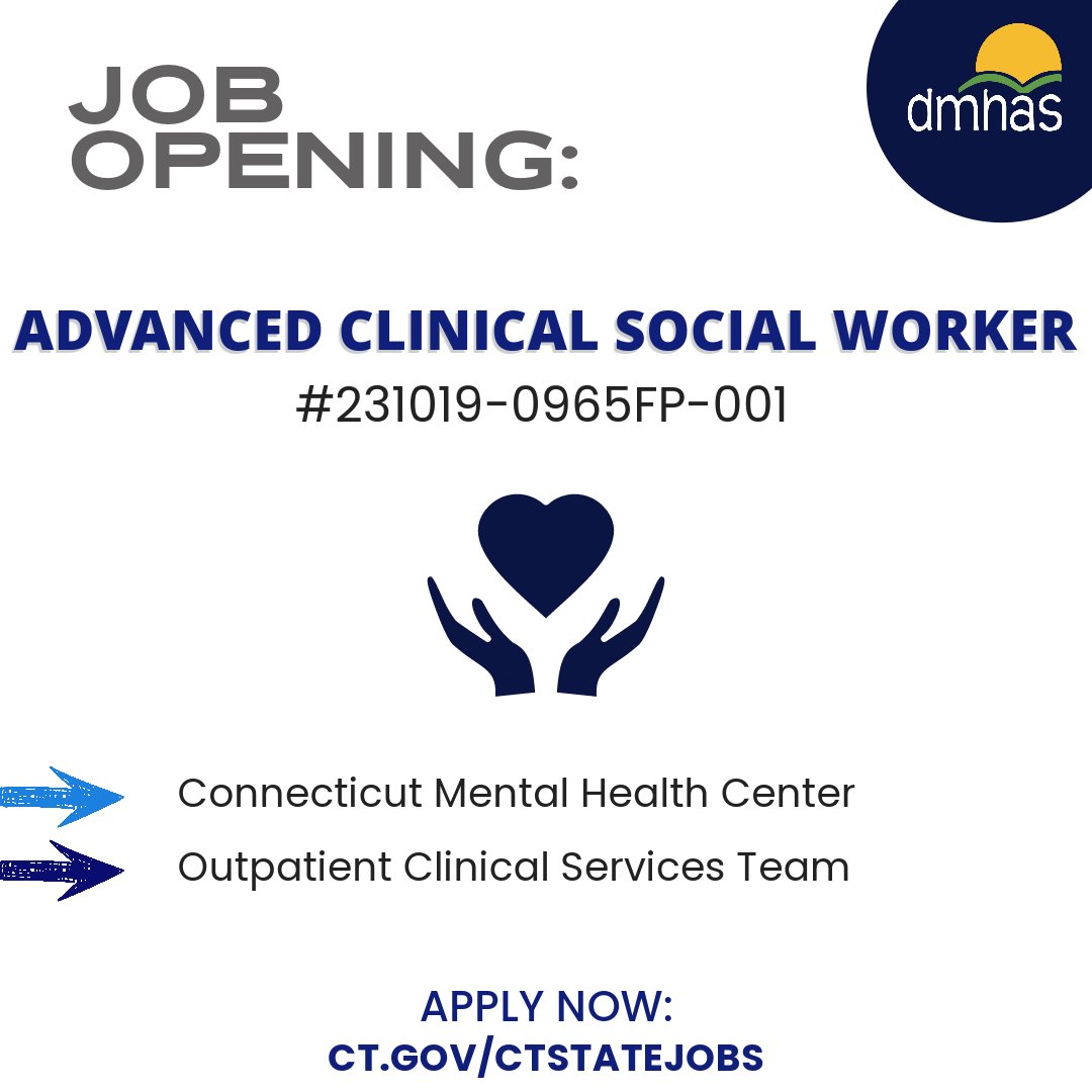 📣 CALLING ALL LICENSED SOCIAL WORKERS! 👀

<a href="/CTDMHAS/">CT DMHAS</a> is seeking an Advanced Clinical Social Worker to join our dedicated team at the CMHCr in New Haven.

Learn more about what we can offer you here: lnkd.in/efRtu2wt

#CTStateJobs #ServeYourState #CTCareers