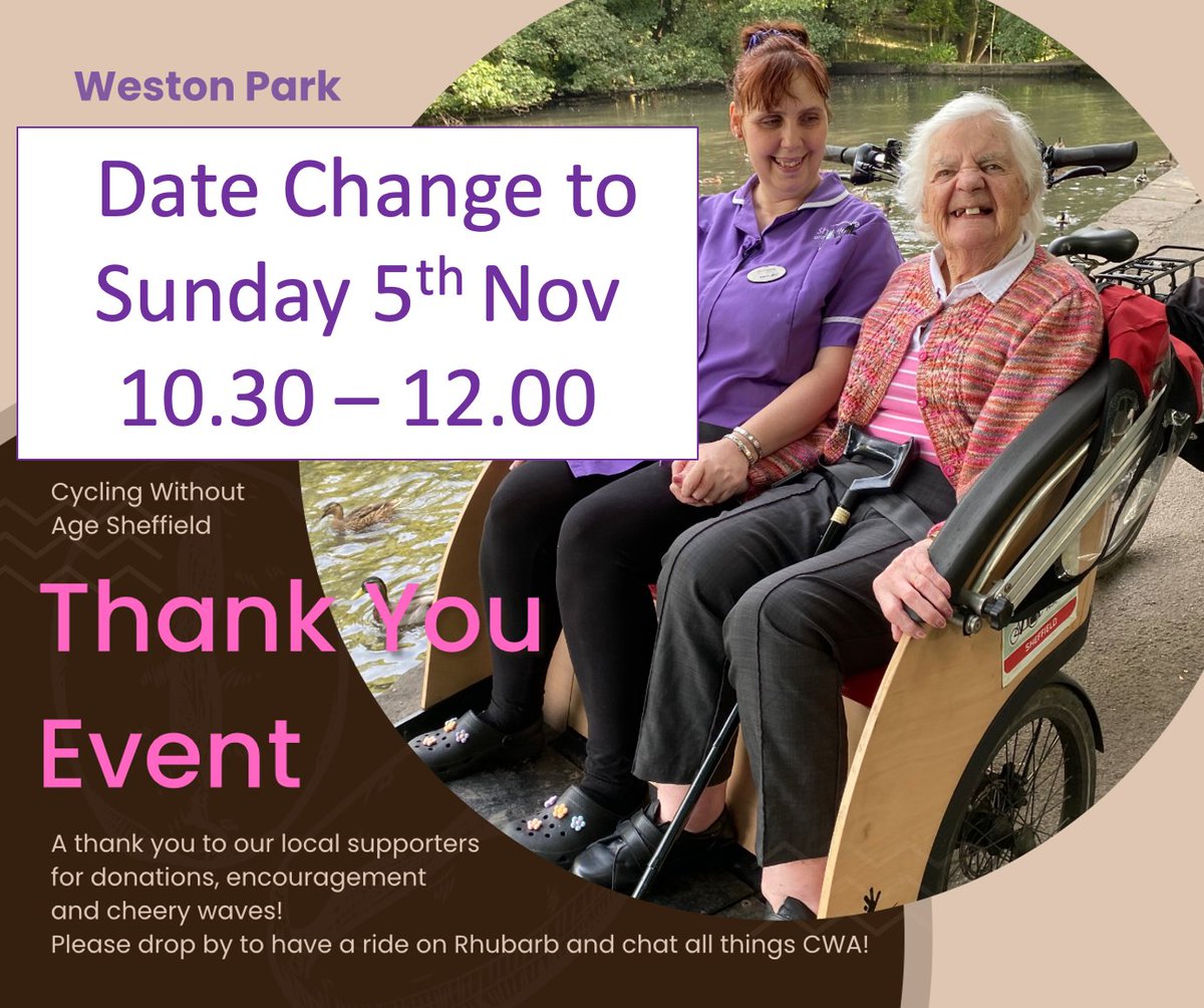 DATE CHANGE! Too rainy tomorrow so we have moved our Thank You rides a day later on Sunday morning. We hope you can still come for rides and chat... and sunshine! Pls RT @HelpSheffield @CycleSheffield @sheffcare