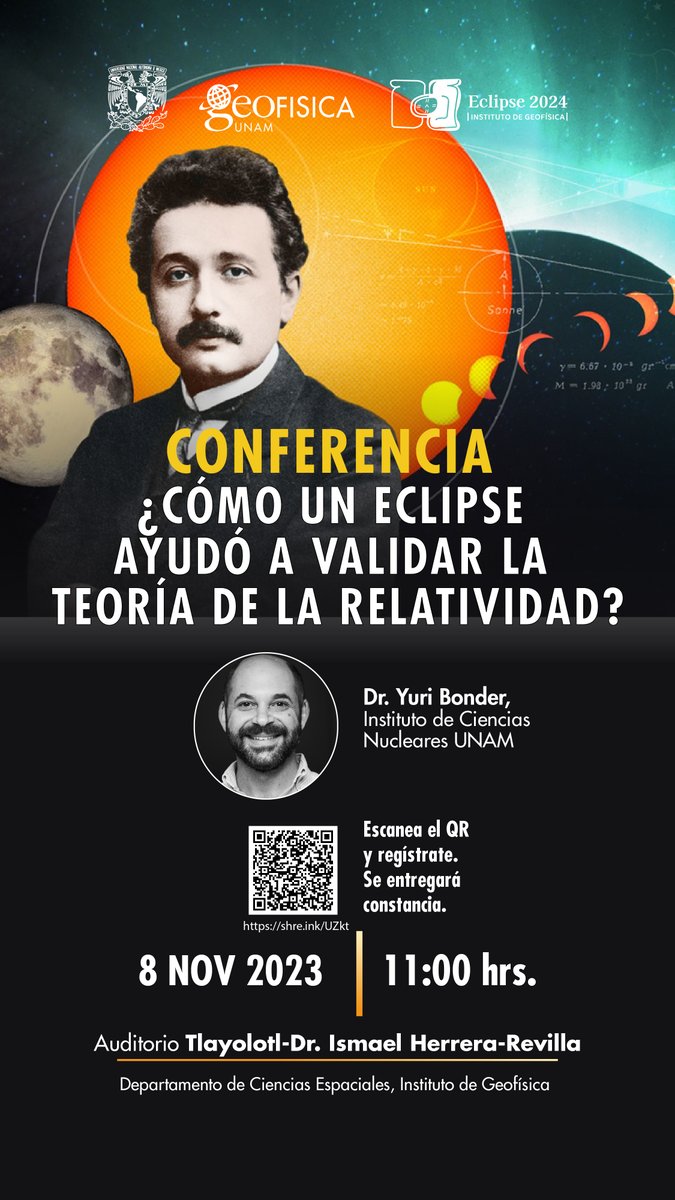 CEspacialesUNAM's tweet photo. El próximo Miércoles el Dr. Yuri Bonder nos hablará sobre los #eclipsesolar-es y la teoría de la #relatividad. Puedes ver la conferencia en nuestras redes sociales de YT y FB. ¡Nos vemos!
#Astronomia #Ciencia
@GenteConCiencia @CRCiencia @ApuntesCiencia @KarenCiencia @mariodeleow https://t.co/3UUrNdbM8g