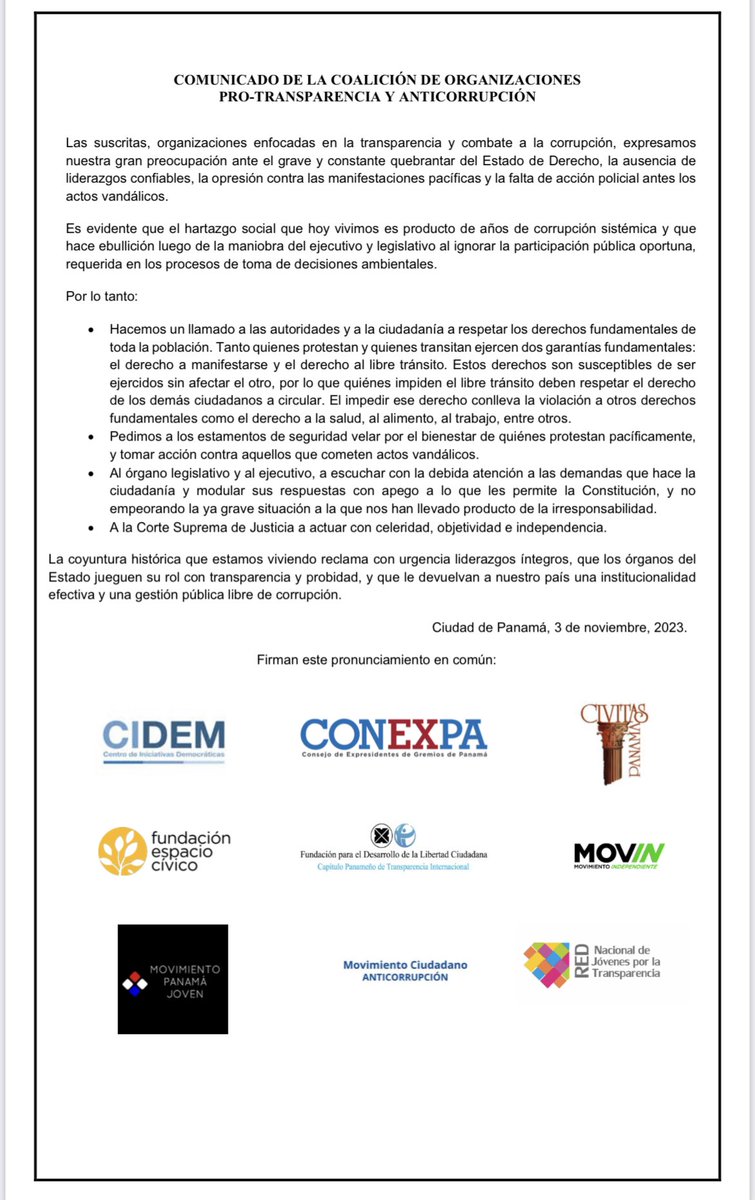 movinpanama's tweet image. Pronunciamiento de la Coalición de Organizaciones Pro-transparencia y Anticorrupción