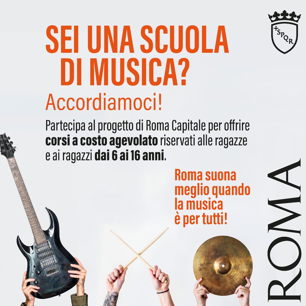 Sei una scuola di musica? Partecipa all’#avvisopubblico di Roma Capitale per offrire corsi di musica a costo agevolato alle ragazze e ai ragazzi dai 6 ai 16 anni (Isee fino a 25.000 euro).
Hai tempo fino alle ore 12 del 13 novembre 2023. 
Info: bit.ly/3SuE0PF