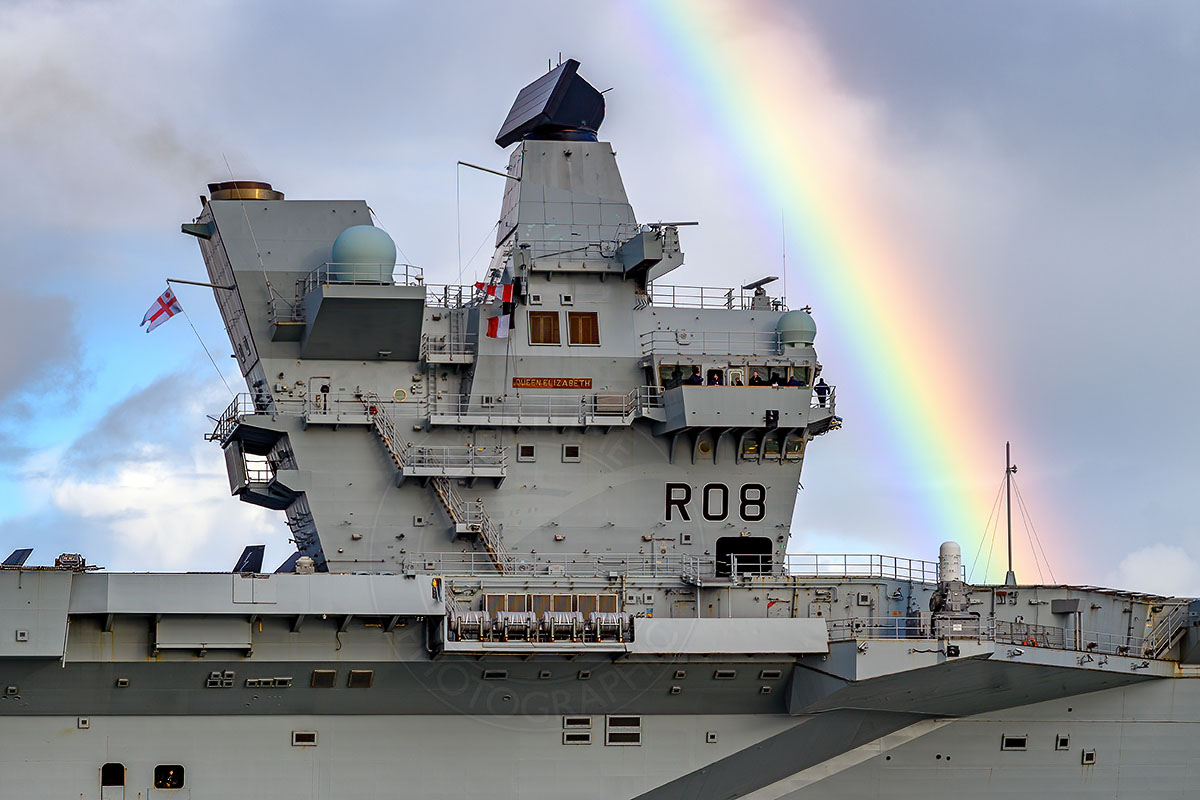 MaritimePhotos's tweet photo. The rainbow warrior. @HMSQNLZ resuming her NATO deployment after a brief pitstop @HMNBPortsmouth #CSG23 #aircraftcarrier https://t.co/ggk0M0jVfL