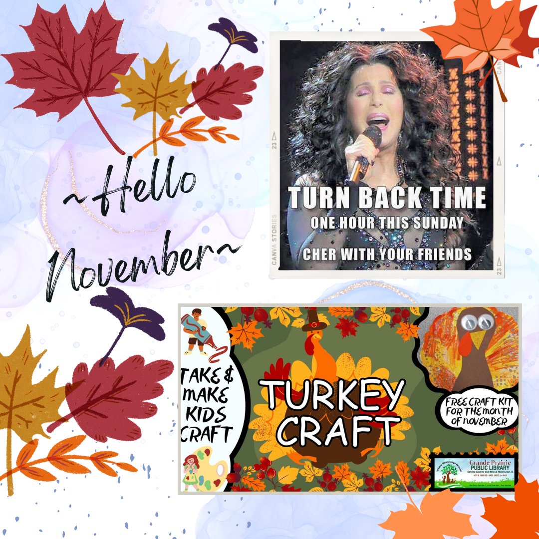 November is here already!  Time to defrost some turkeys and Cher...sorry Mariah 😘😉
Our Take and Make Craft for Kids this Month is a Turkey (kit includes: doily, construction paper, and googly eyes).
#HelloNovember #DaylightSavings #TurkeyCraft #LibraryFun #GrandePrairieLibrary