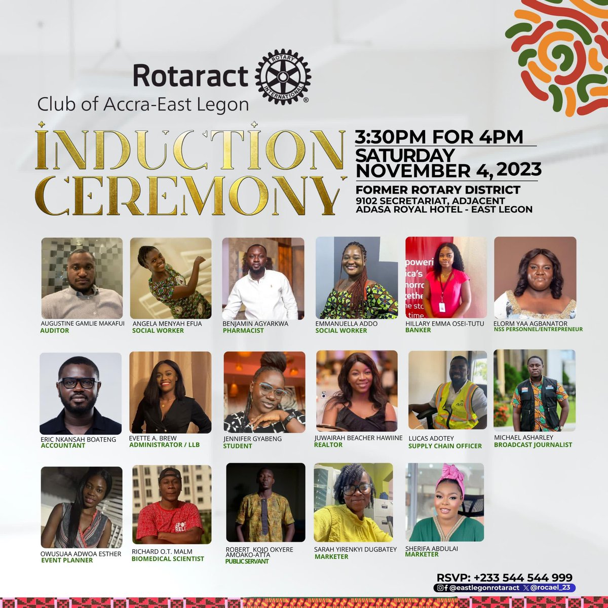 ROCAEL_23's tweet photo. Are you ready for the biggest induction yet?!🔥🥳💃🏻

All roads lead to the 9102 Secretariat, adjacent Adasa Royal, East Legon tomorrow! 💃🏻🎉🥳

Come in your dancing shoes, let’s have some fun as we welcome 17 ROTARACTORS! 🔥💃🏻

#induction #rocael #rotaract3000 #eastlegonrotaract https://t.co/xC3SosFnUg