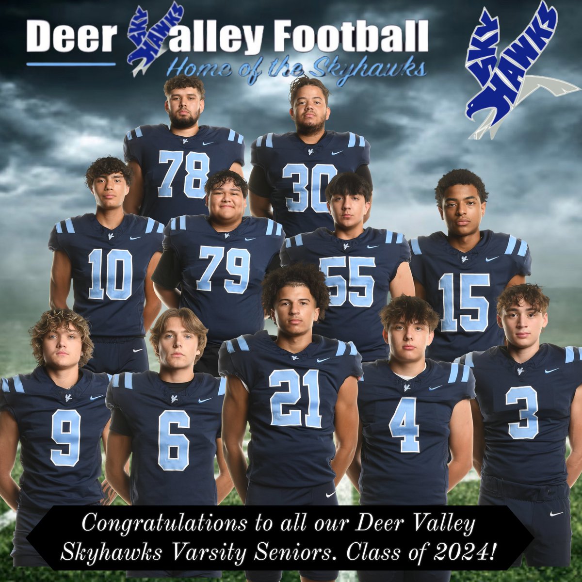 DV_Skyhawks's tweet photo. Congratulations to all our Deer Valley Skyhawks Varsity Seniors. Class of 2024! #varsity #varsityfootball #deervalleyskyhawks #dvhsfootball #letsgo #football #wethebest #skyhawks #dvhs https://t.co/NWLHB2au2y