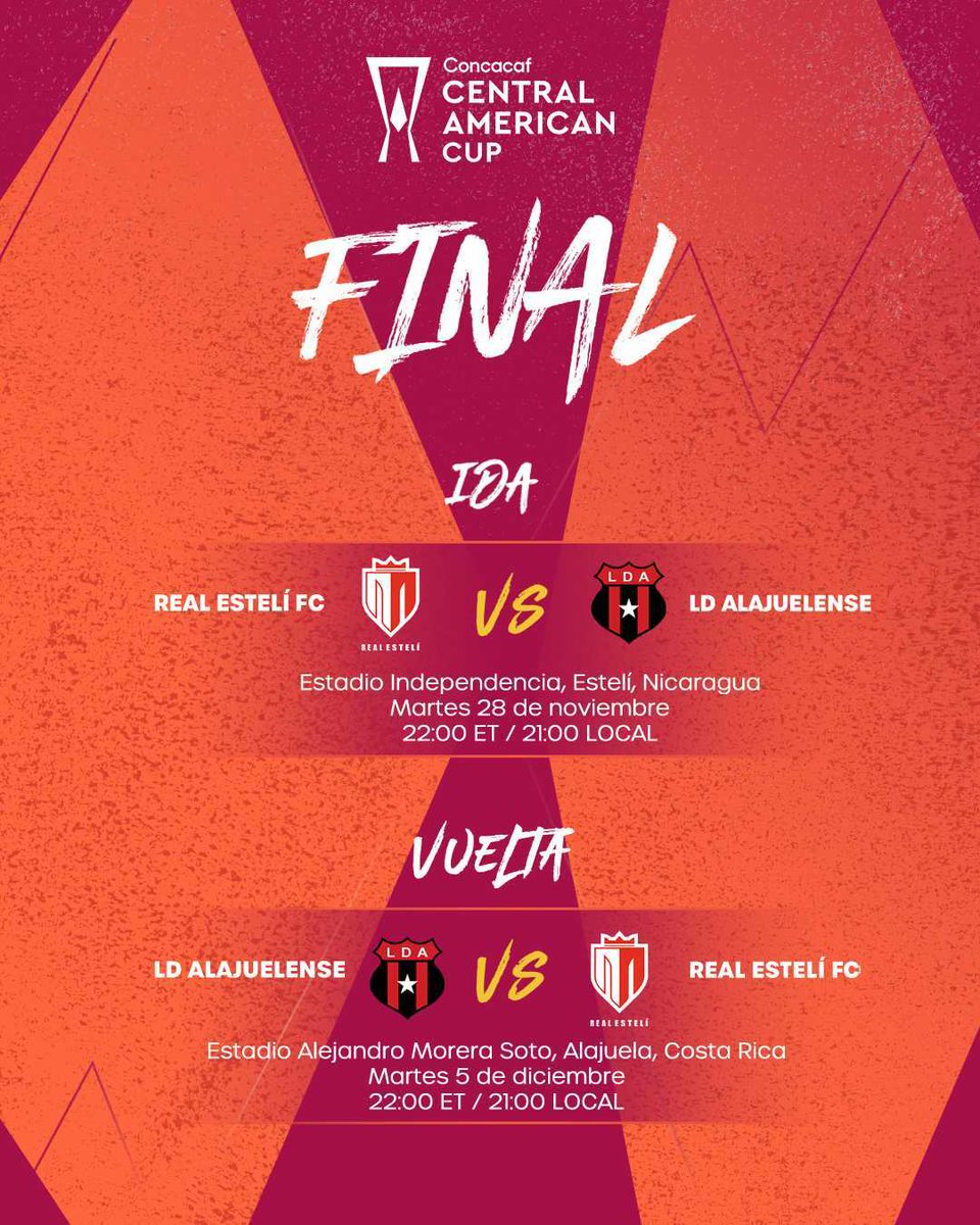 ¡A tomar nota! 📑 

Días y horarios de las finales de la #CopaCentroamericana
<a href="/ldacr/">Alajuelense</a>  🦁 🆚 🚂  <a href="/realestelifc/">Real Estelí FC</a> 

🗓 Calendario: ccf.news/3u8YYcA