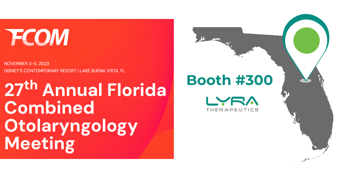 @LyraTx is looking forward to the Florida Combined Otolaryngology Meeting (FCOM), coming up Nov 3-5, 2023. Please stop by our booth, #300, and we'll share info about our products and our commitment to developing therapies for #ChronicRhinosinusitis (CRS) patients. @FCOM_now