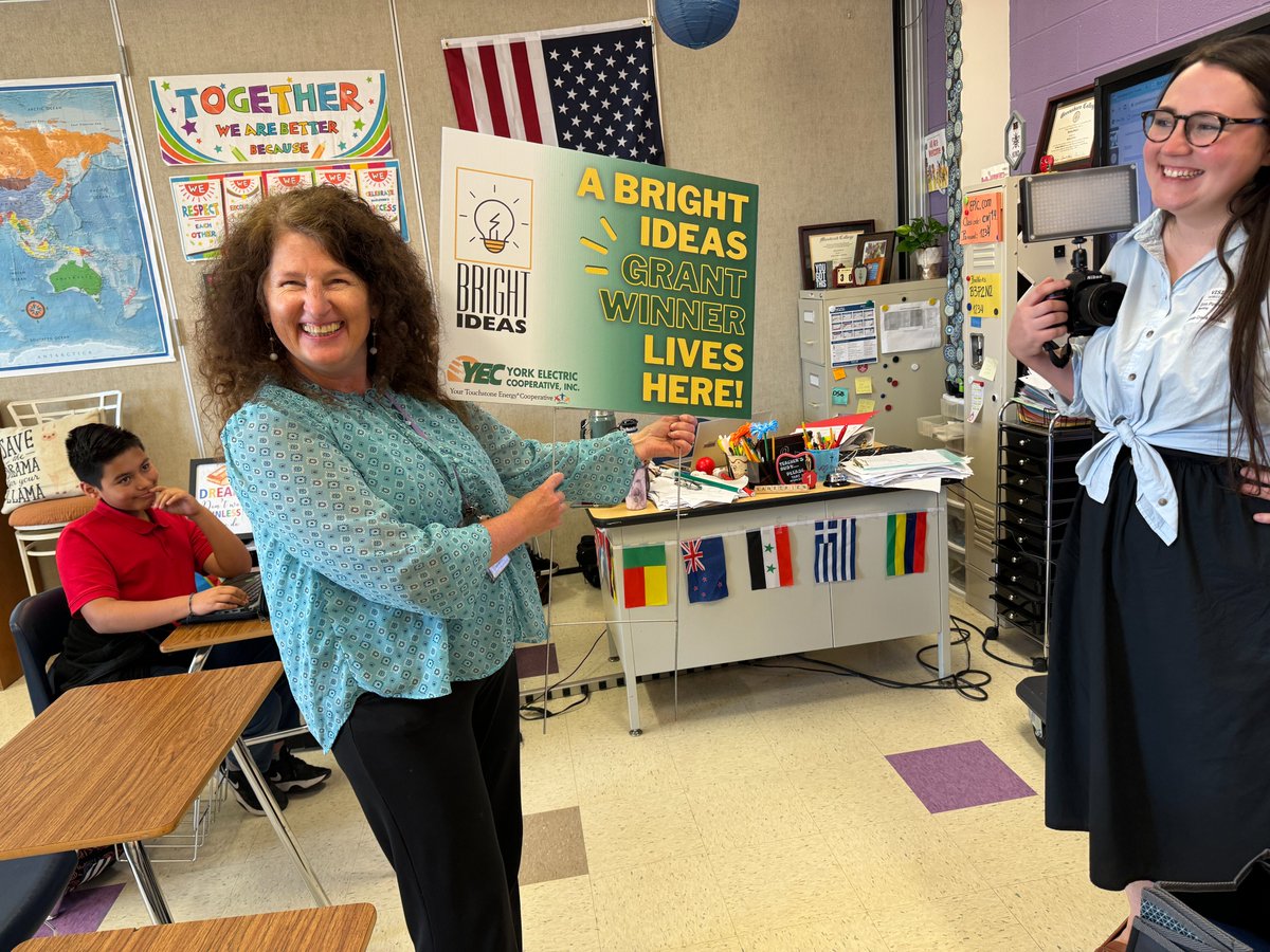 Congratulations to Mrs. Vanstrien, who won the Bright Ideas grant from @yec_cooperative. She received $1000 to get learning materials for English Language Learners at @DutchmanCreekMS.