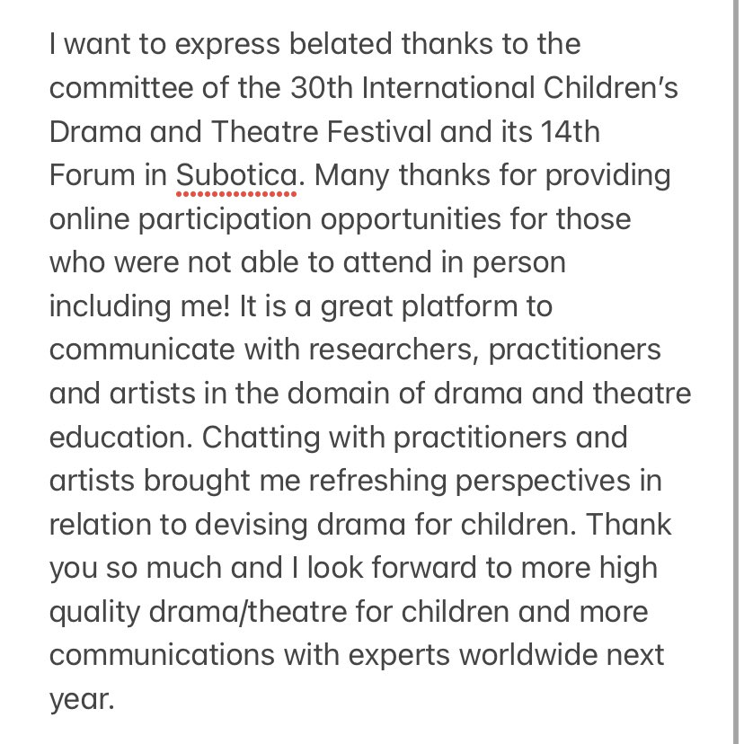 Many thanks to the committee of the 30th International Children’s Drama and Theatre Festival and its 14th Forum in Subotica lutfestsubotica.net/en. 💖I presented online about the possibility of drama as approach for children to develop an understanding of loss, time and life.