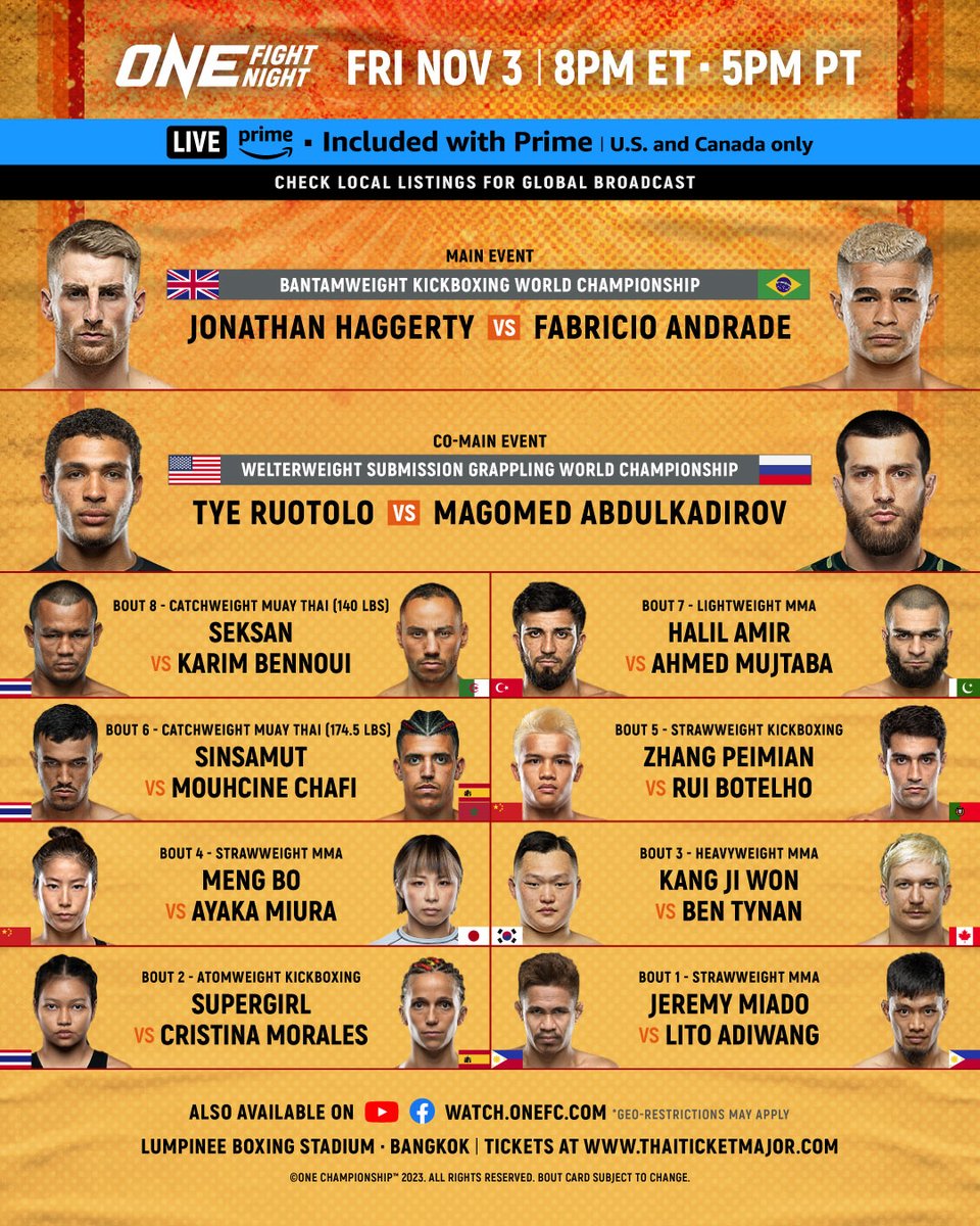 ONEChampionship's tweet photo. 🚨 TONIGHT 🚨 Your final #ONEFightNight16 on @PrimeVideo fight card – headlined by two World Title showdowns, the U.S. primetime debut of Seksan, and much MORE 🤩

Tonight at 8PM ET
🇺🇸🇨🇦 Watch live on Prime 👉 https://t.co/BquajhnSBf
🌍 Live TV broadcast in 190+ countries https://t.co/Lvt2JqNGKs