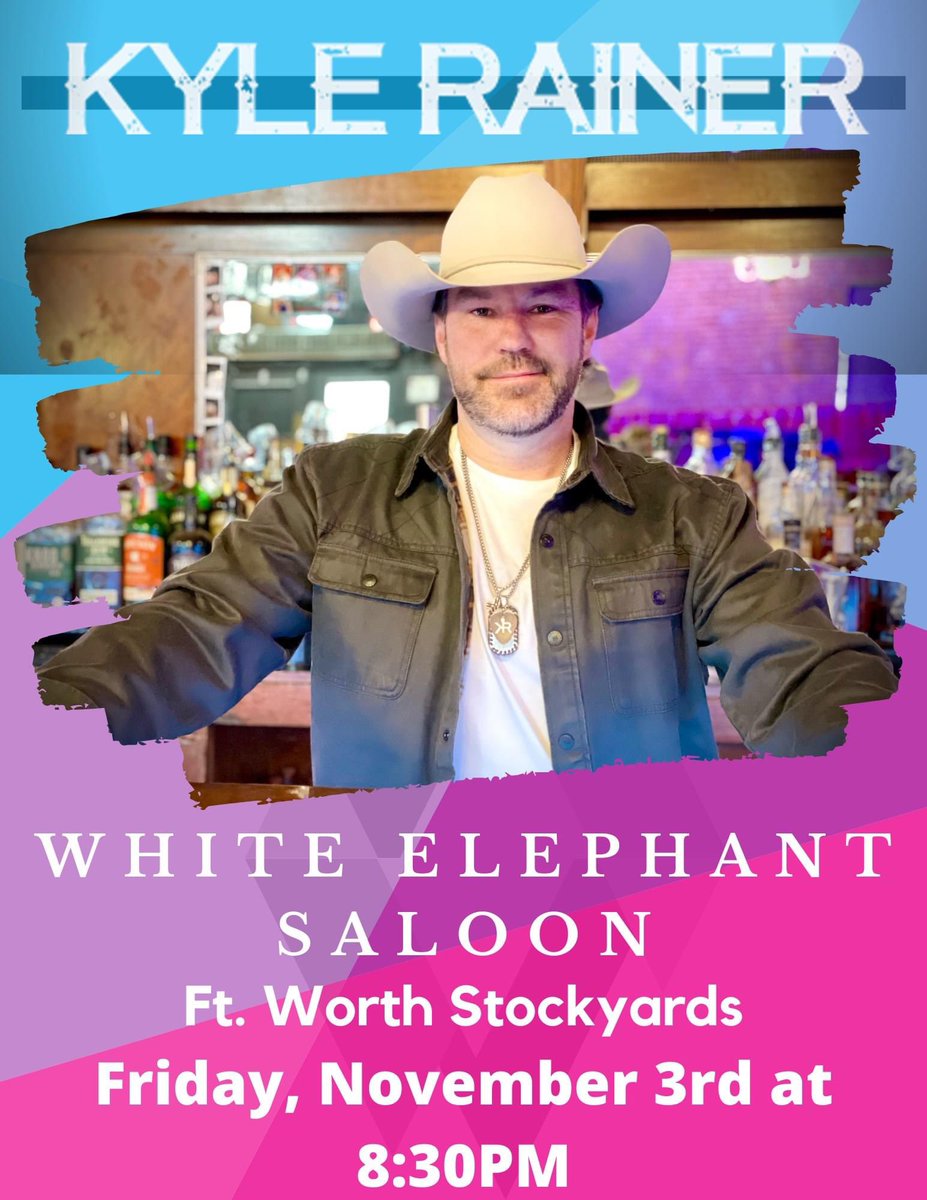 KyleRainerMusic's tweet photo. The boys and I are making a special Friday night appearance TONIGHT at the White Elephant Saloon in the Ft Worth Stockyards!  Head out early and grab you a table then stick around for some great honlytonk music.  See y'all tonight! #ftworth #texas #stockyards #tonk #livemusic https://t.co/j9JRO1exB7