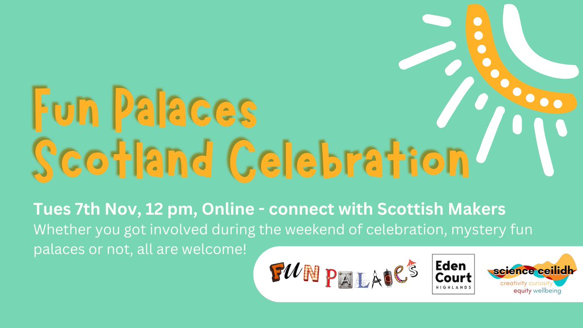 On 7th November we are hosting a zoom celebration event for Scottish makers and friends of #FunPalaces, all are welcome! We will be sending a postcard for a "Mystery Fun Palace" activity - if you'd like to attend and/or receive one, visit this link
scienceceilidh.typeform.com/to/b9ba3EbT