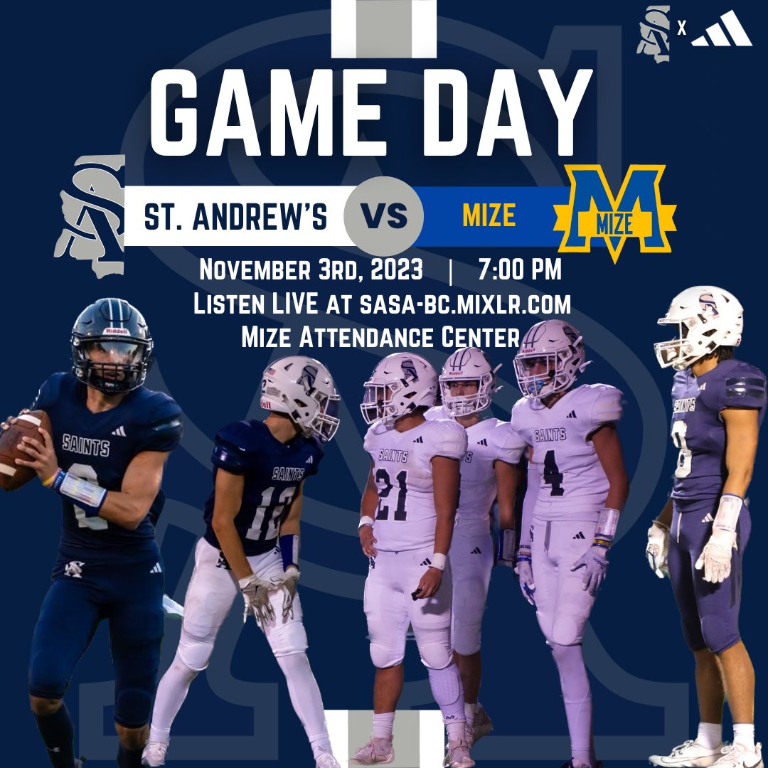 GoSaints_FB's tweet photo. ITβS PLAYOFF GAME DAY SAINTS!!
Your Saints hit the road to take on the Mize Bulldogs in the 1st Round of the MHSAA 2A Playoffs! Everyone come make the trip and cheer on the Saints!
β° | 7:00PM
π | Mize Attendance Center
π» | https://t.co/gPeJpS2PkZ
#GoSASaints #BeatMize https://t.co/20UpiUkQQF