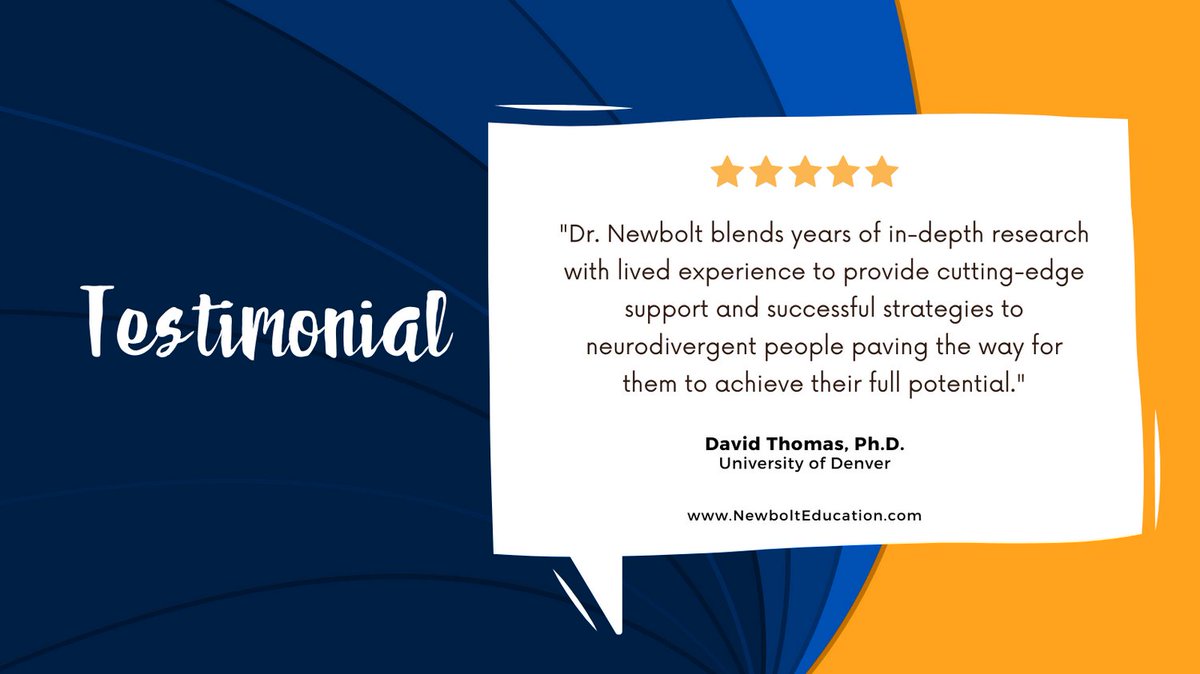 NewboltEdu's tweet photo. Thank you, Dr. David Thomas, for sharing your recommendation: "Dr. Newbolt blends years of in-depth research with lived experience to provide cutting-edge support and successful strategies to neurodivergent people paving the way for them to achieve their full potential." https://t.co/T4JVwOrfCp