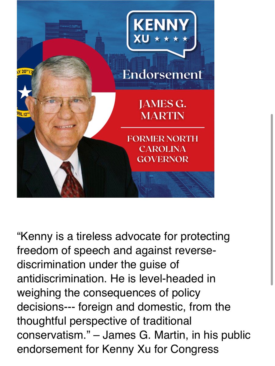 Very proud to announce the endorsement of James G. Martin, the former Governor of North Carolina, for my candidacy for Congress! kennyxuforcongress.com