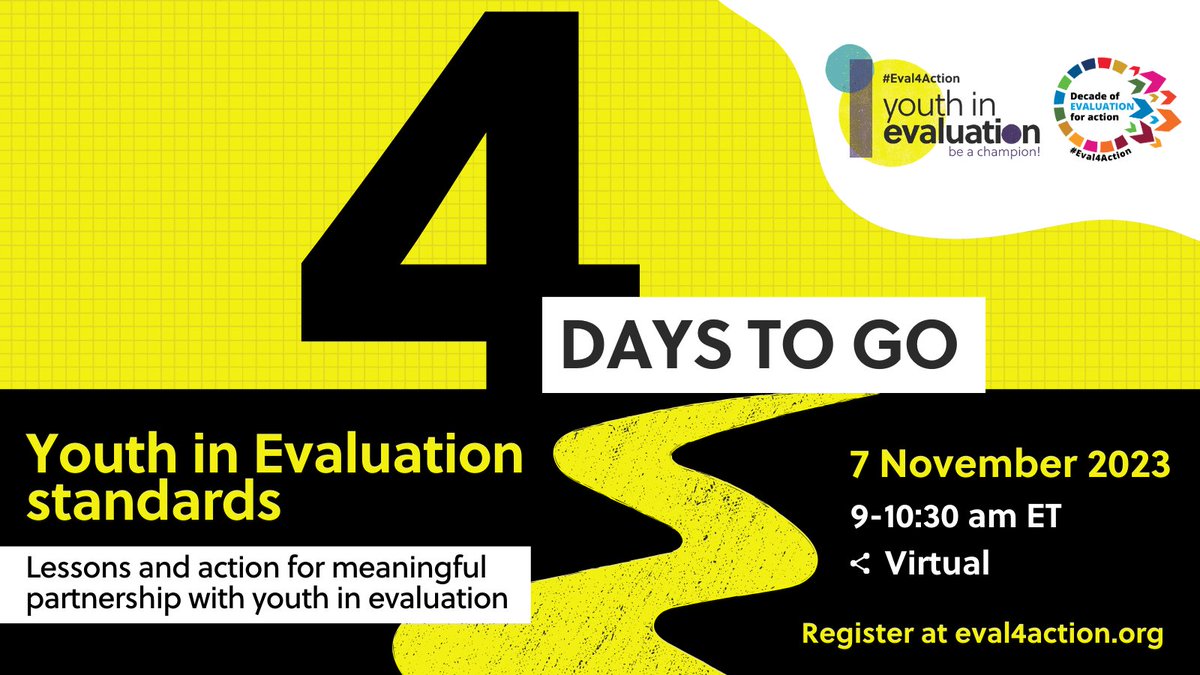 4️⃣days left until…

🟡 #Eval4Action dialogue on adopting &amp; using the Youth in Evaluation standards
🟡 Launch of lessons from a pioneering approach in engaging youth in a UNFPA #evaluation

Don't miss out, register now 👉 eval4action.org/post/youth-in-… #Eval4Action