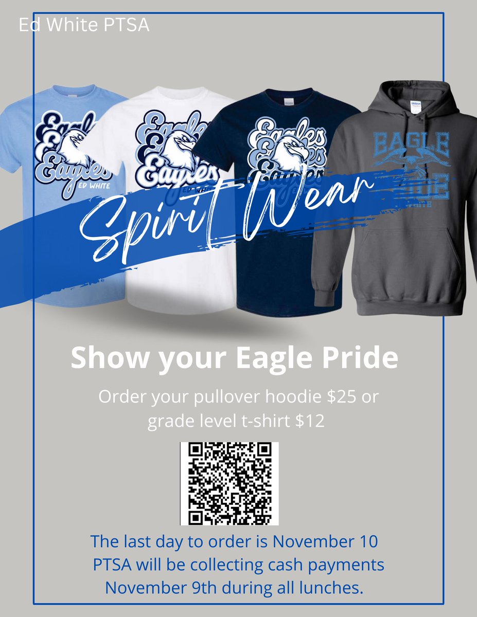 It’s not too late to order your Ed White Hoodies and T-shirts!  You can order online from now until November 10th or cash payments will be collected Thursday November 9th during all lunch periods.  

Online payment link …rit-wear-2022-2023-copy.cheddarup.com