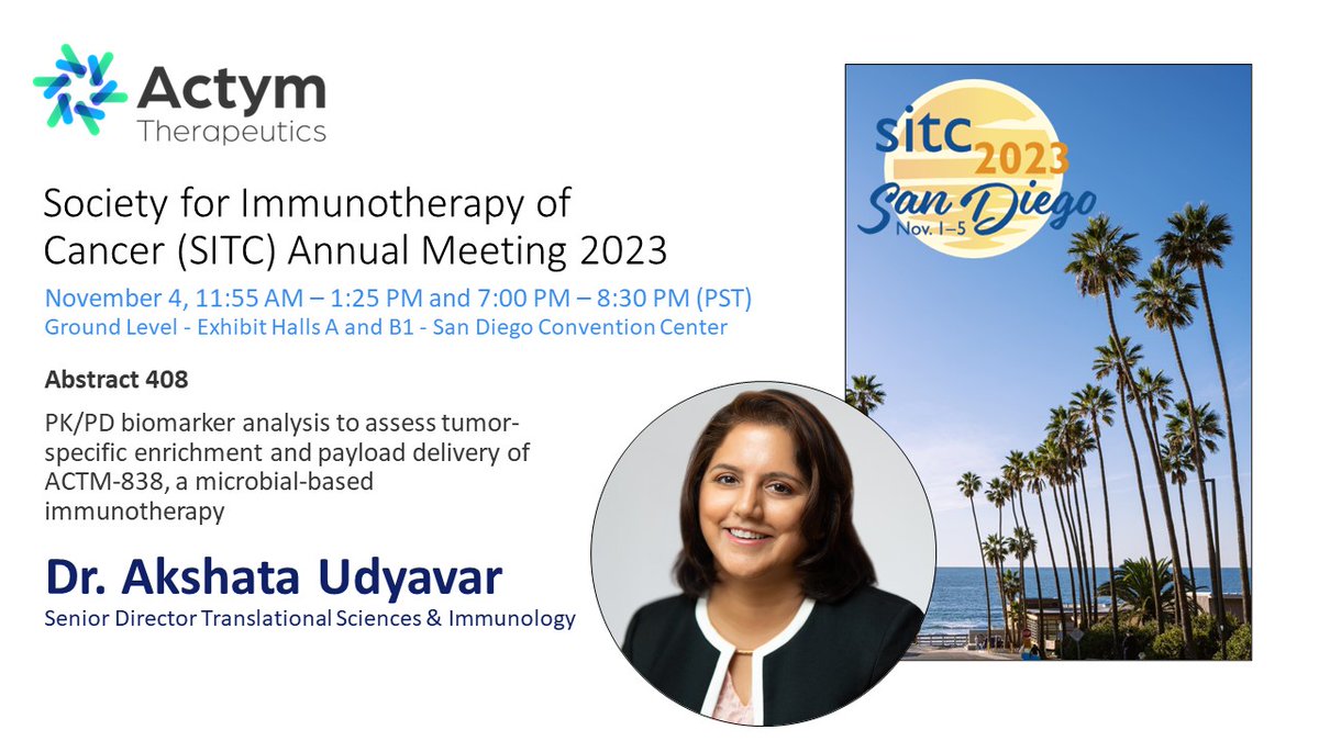 ActymT's tweet photo. 🗓️ Join us at #SITC2023 on Nov 4! 

Our Senior Director of Immunology and Translational Sciences, Dr. @audyavar, will present preclinical data on ACTM-838, our lead asset, in a poster session.

Learn more about the presentation: https://t.co/vpmWwZITaY

See you there, @sitcancer! https://t.co/0DH1EZrfML