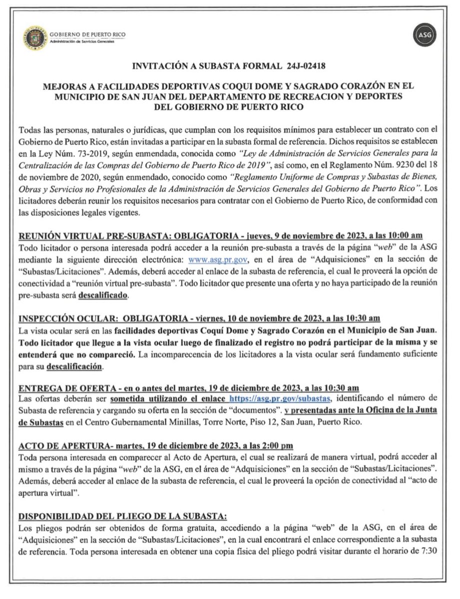 recreaydeportes's tweet photo. ¡Una cita con la historia! 🔨 La pre-subasta del Coquí Dome y Sagrado Corazón en @SJCiudadCapital tendrá lugar el 9 de noviembre de 2023 a las 10:00 a.m. Únete a este emocionante proceso de inversión en nuestras instalaciones deportivas. #SanJuan #Subasta #DRDPR 🏟️🕙 https://t.co/e4qdhfcRko