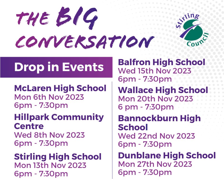 StirlingCouncil's tweet photo. ๐ฌ The next round of public drop-in events for our Big Conversation with residents and communities will start next week.
The first event will be next Monday at McLaren High School.
We hope to see you there.
Find out more: https://t.co/m1Yiwl1AZf
#BigConversation2425 https://t.co/SgWGj7jv9F