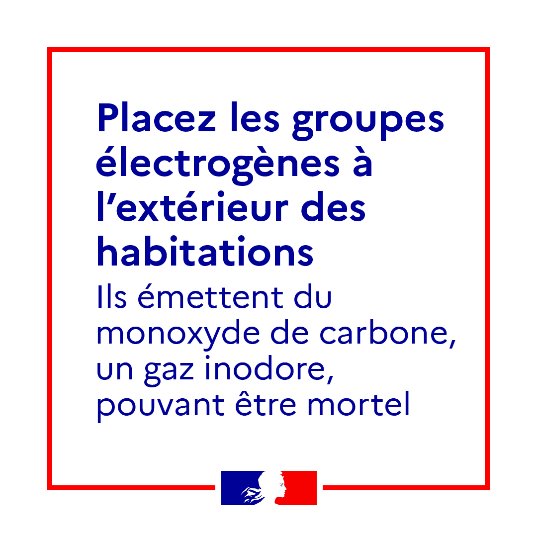 ⚠️ Après le passage de la tempête #Ciaran, restez vigilants si vous devez utiliser des groupes électrogènes
❌ Ils doivent être placés à l'extérieur de votre habitation &amp; de tout espace clos
👉 Ils produisent du monoxyde de carbone un gaz pouvant être mortel en cas d'intoxication