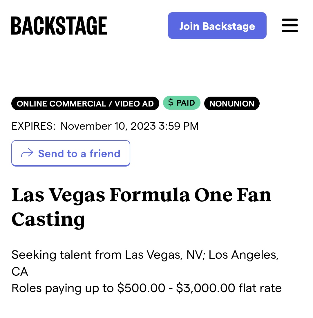 They're casting Formula 1 fans in Las Vegas, in case anyone is looking for a job