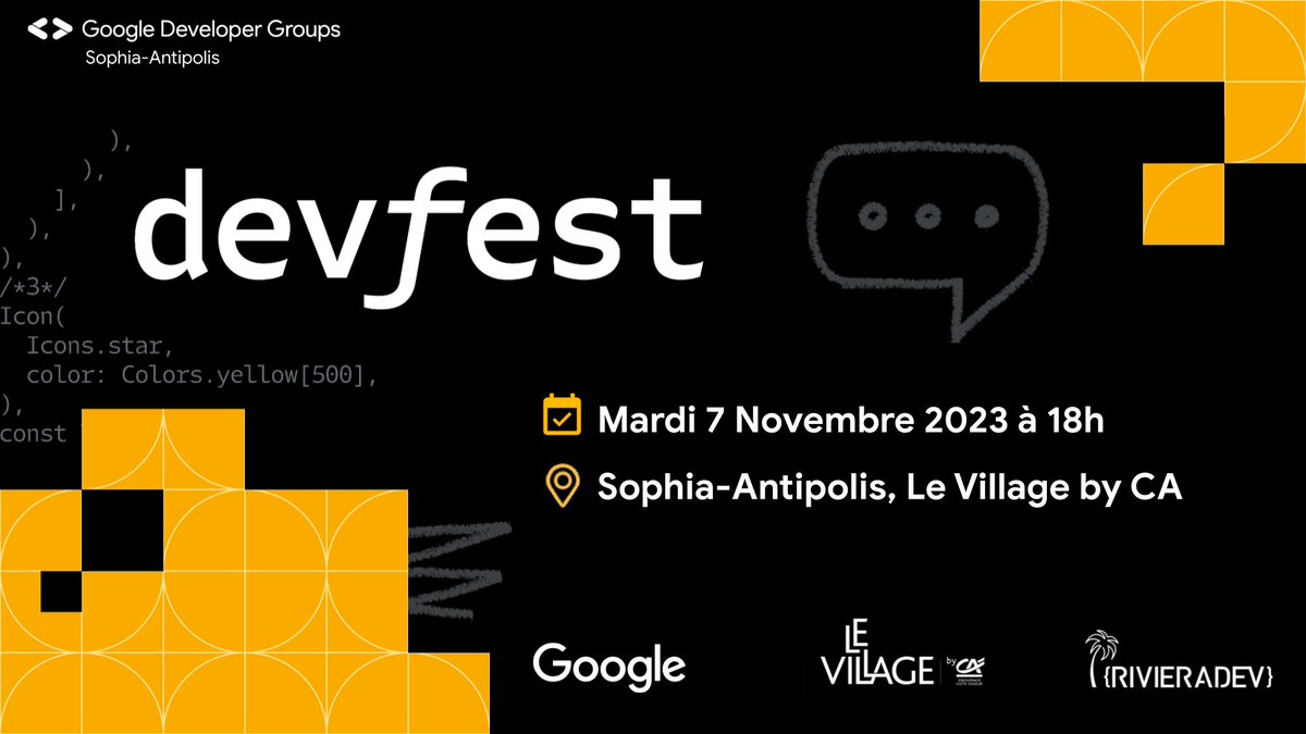 #EVENEMENT : Le DevFest 2023 à Sophia Antipolis 💥 📆 Mardi 7 Novembre de 18h à 22h au Village by CA Pour les developpeurs, coté produit, BA, fullstack, front et même back ou encore devops. Inscription : gdg.community.dev/events/details… #TECH