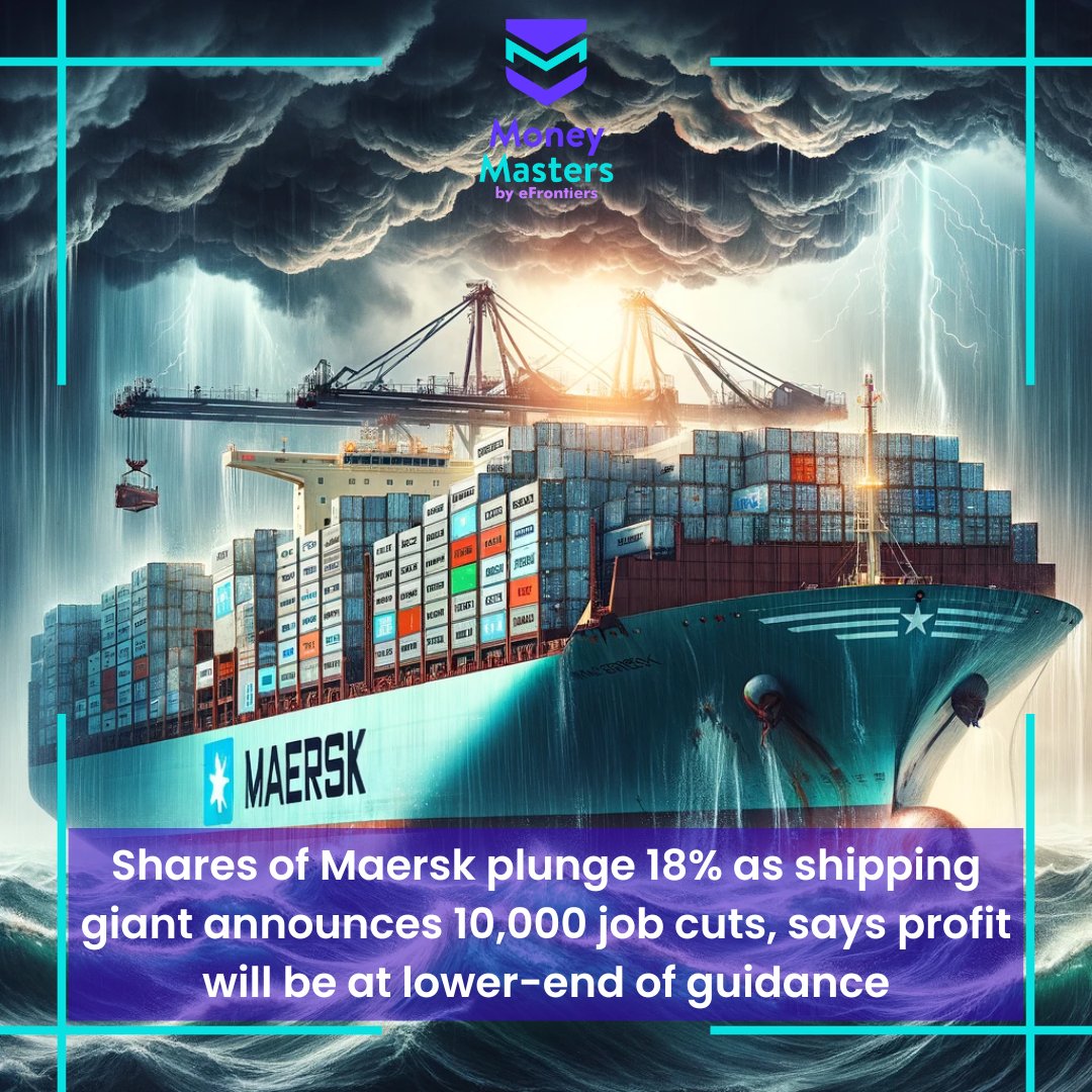 🚢⚠️ Maersk shares drop 18% as it announces 10,000 job cuts & braces for lower profits amid subdued demand and inflation. The shipping giant's cost-cutting aims to save $600M by 2024. #Maersk #TradeTrends Reported by: CNBC.