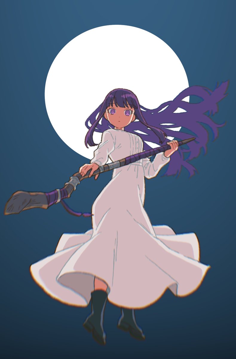1girl solo long hair dress purple eyes broom white dress  illustration images