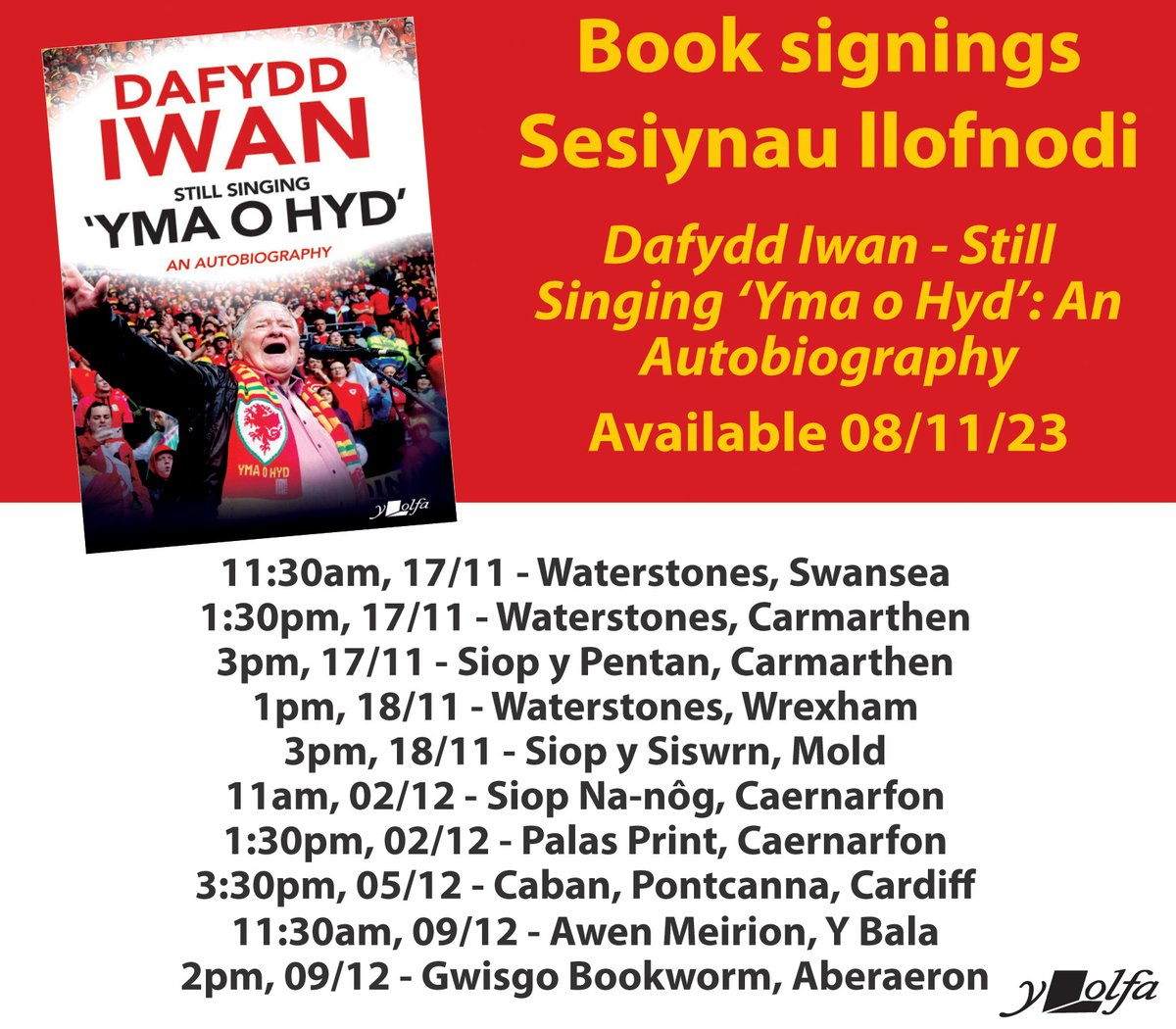 Book signings with Dafydd Iwan /
Sesiynau llofnodi gyda Dafydd Iwan

'Still Singing 'Yma o Hyd': An Autobiography' is available next week, £9.99

<a href="/Books_Wales/">Books Council of Wales</a> <a href="/swanseastones/">Waterstones Swansea</a> <a href="/SiopYSiswrnAnn/">Anne Evans</a> <a href="/SiopNanog/">Siop Na-nog</a> <a href="/PalasPrint/">Palas Print</a> <a href="/AwenMeirion/">Awen Meirion</a> @GwisgoBookworm <a href="/dafyddiwan/">Dafydd Iwan</a>