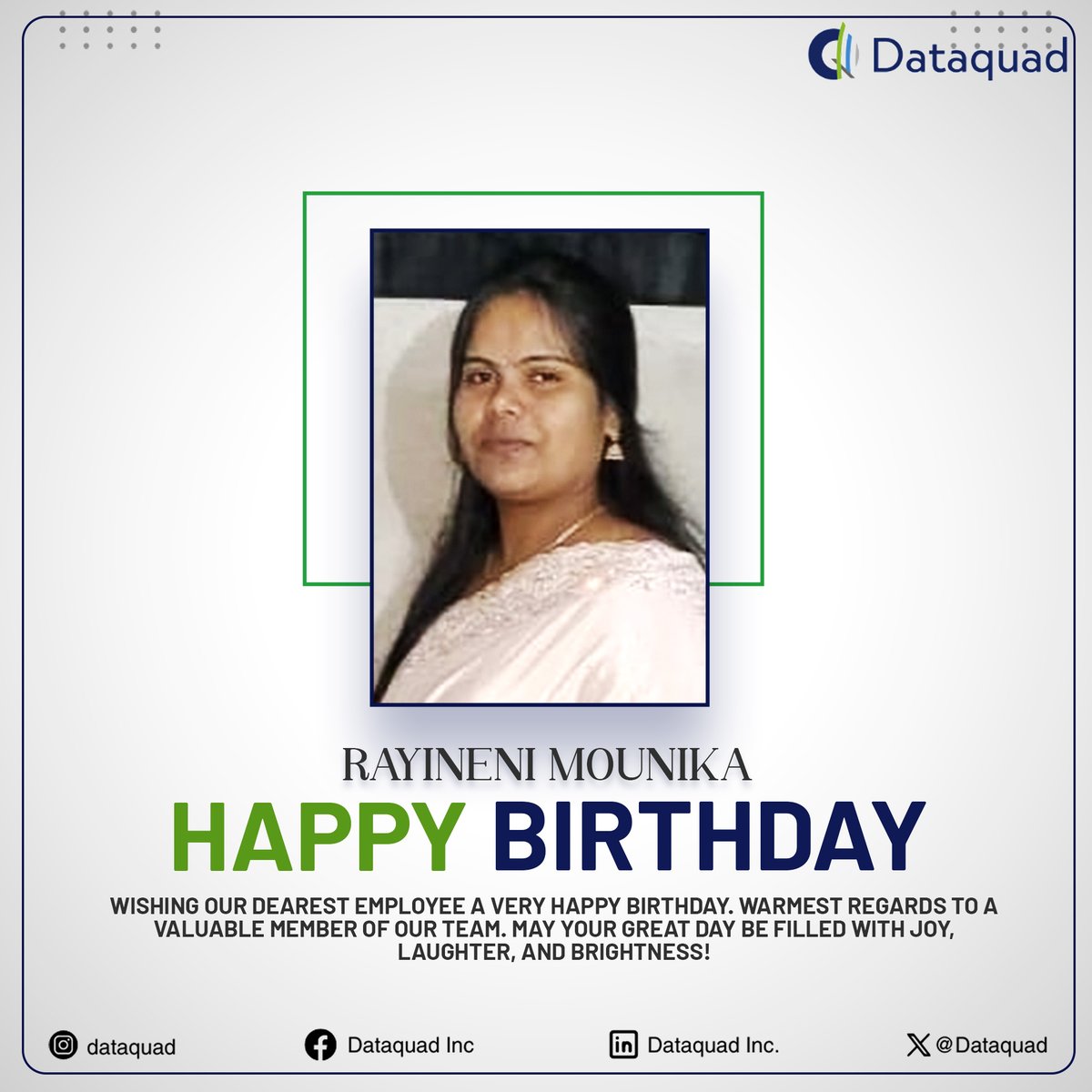 DataquadInc's tweet image. Wishing our hardworking star a very happy birthday! You bring one of the best positive vibes to the office. May your year be filled with personal growth and success.
Rayineni Mounika 🎉
.
.
.
#dataquadInc #happybirthday #birthdayparty #happybirthdaymounika #celebrations  #sm4dm