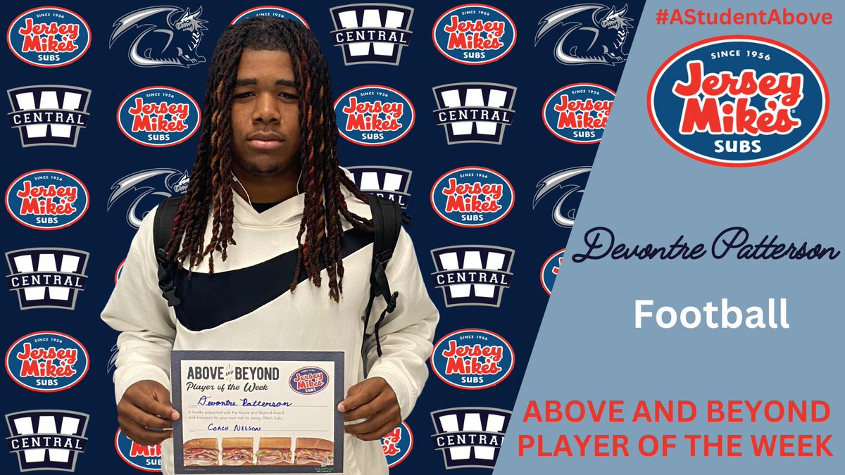 Congratulations to this week's <a href="/jerseymikes/">Jersey Mike's Subs</a> Above and Beyond Male Athlete of the Week: Devontre Patterson.

Devontre has been a force on both sides of the ball this year as he posted 10 tackles and averaged nearly 8.5 yards per carry last week at Todd County. #AStudentAbove