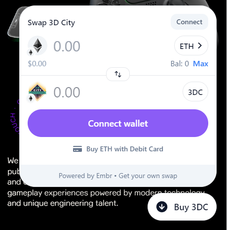 @3dcitymetaverse / $3DC is now available directly on #3DCITY's website using the Embr Checkout!

👉3dcity.life

-Purchase using ANY #ETH token or pair on the blockchain!
-Top up with fiat up to $500 with no KYC required!
-Swap both ways!

#cryptocurrency #Defi