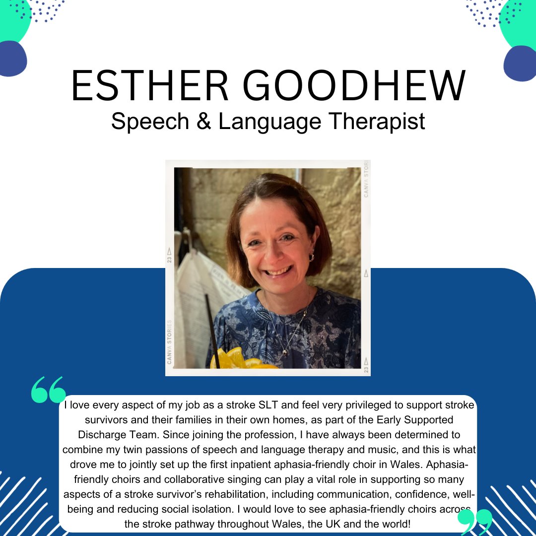 Our #StrokeSpotlight is <a href="/GoodhewEsther/">Esther Goodhew</a>, an amazing SLT from <a href="/CV_UHB/">Cardiff and Vale University Health Board</a>, is renowned for her sensational work with her aphasia-friendly stroke choir. She wants people to know that “the value of home-based rehab for aphasia &amp; communication impairment cannot be underestimated.”