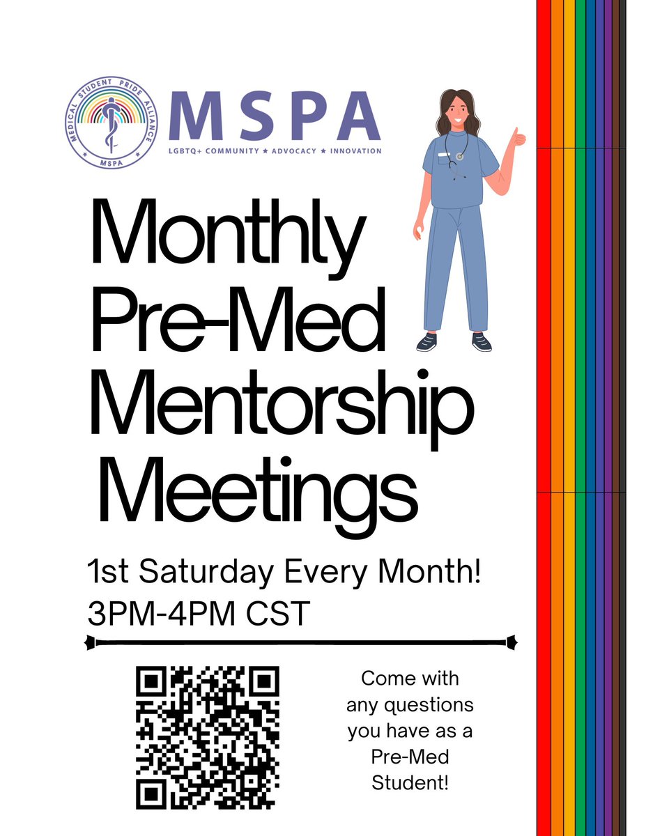 MSPA will be hosting Online Monthly Pre-Med Mentorship Meetings on the first Saturday every month, 3PM-4PM CST! Come with any questions as a Pre-Med Student. Scan the QR code to directly enter the meeting