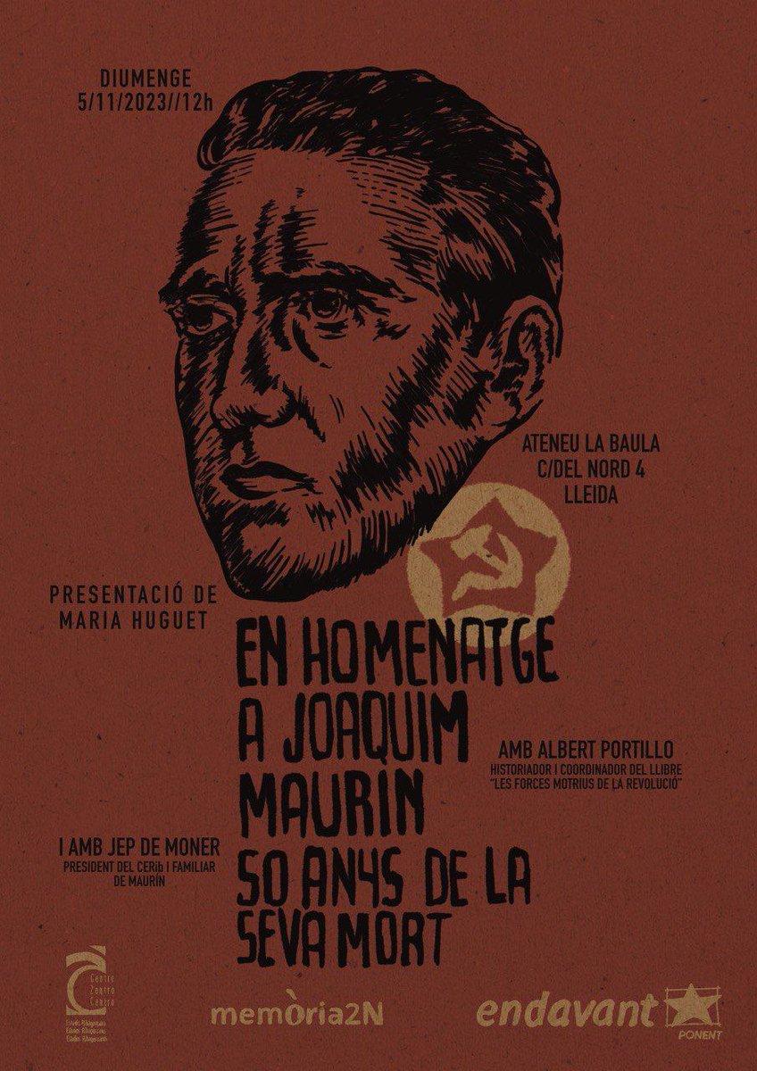 labaulalleida's tweet photo. 🔴6è CICLE #MEMÒRIA2N⚫
Un any més tornem amb una vintena d'actes i activitats per recuperar la memòria històrica i antifeixista!

👉 DIUMENGE 5: "Joaquim Maurín i la Lleida roja" - Homenatge en el 50è aniversari de la seva mort amb @EndavantPonent

Us esperem a totes❤️‍🔥 https://t.co/pKVOg2q5e0