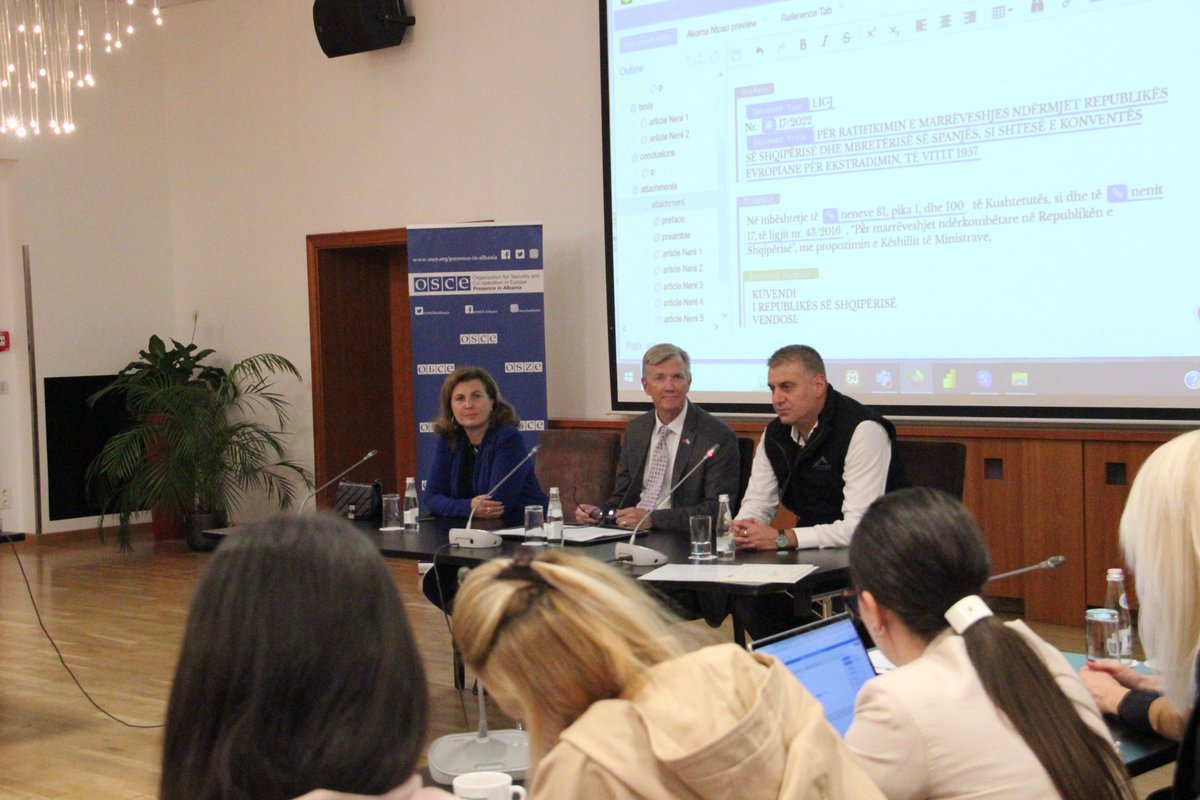 OSCEinAlbania's tweet photo. Speaking alongside Secretary General of the Assembly of Albania Genci Gjonçaj, Ambassador @BertonBruce said that @OSCEinAlbania is committed to continue its support to 🇦🇱 #parliament to ensure transparency and integrity throughout the #eLegislation implementation process. https://t.co/kB1GyNFvQY