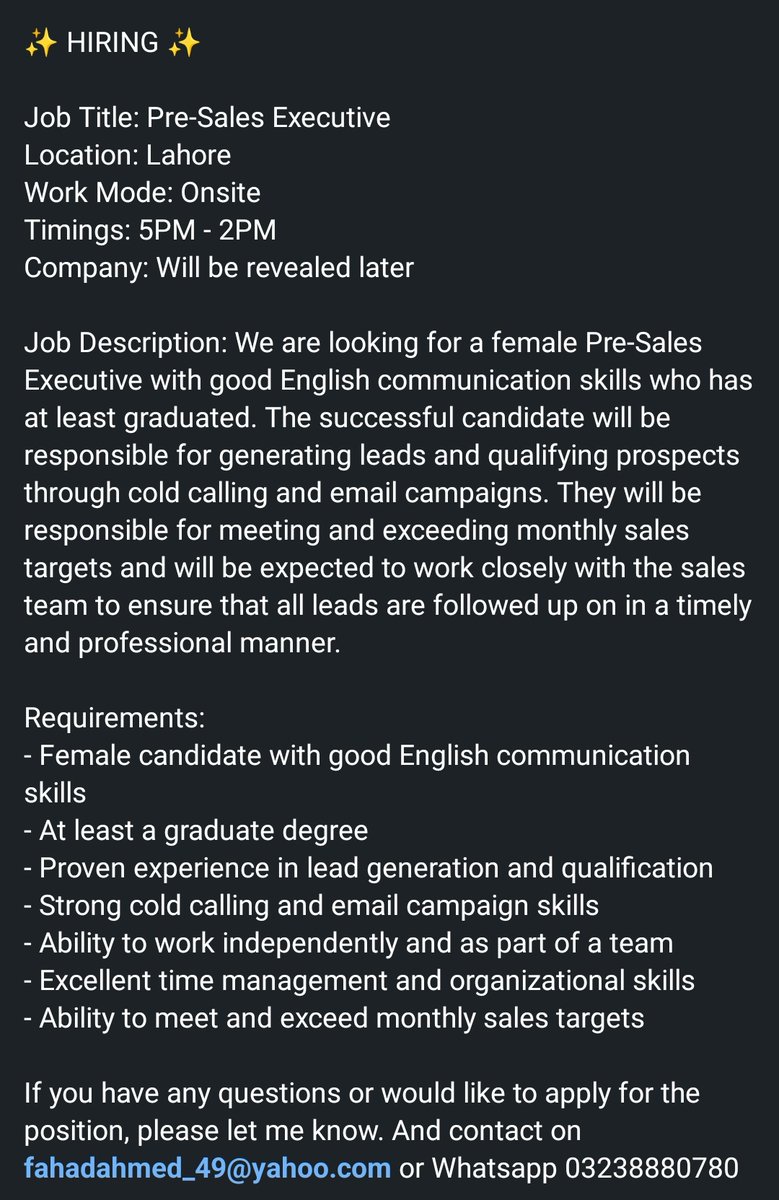 #Hiring Location: Lahore Title: Pre Sales Executive